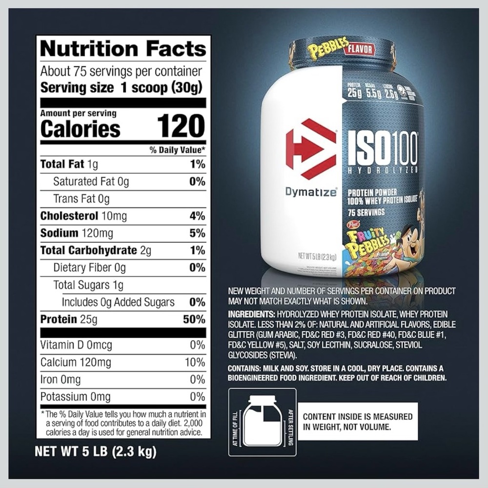 Dymatize ISO100 Hydrolyzed Whey Protein Powder Fruity Pebbles 25g/svg 75 svgs - Picture 6 of 6